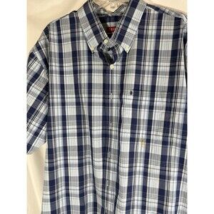 Izod Shirt Men’s Extra Large Blue White Plaid Short Sleeve Relaxed Button Down